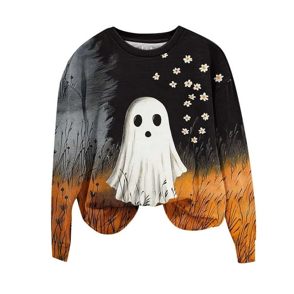 Lcziwo Spooky Sweatshirt for Women Funny Ghost Graphic Print Tops Long Sleeve Round Neck Loose Pullover Halloween Spooky Season Casual Sweater Black,L