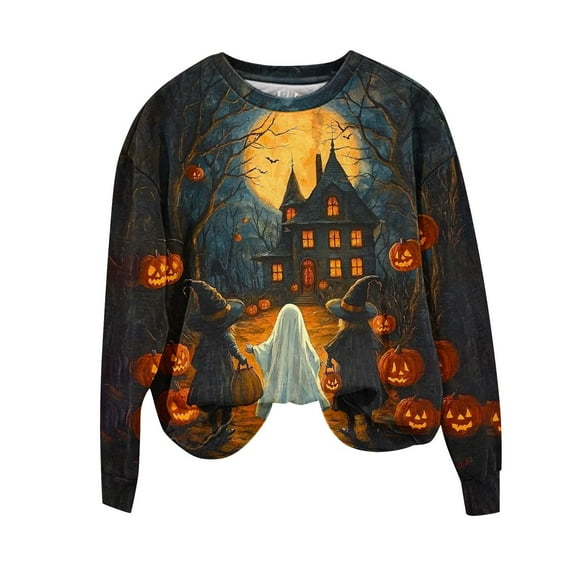 Lcziwo Spooky Sweatshirts for Women Halloween Funny Ghost Print Sweater Long Sleeve Crew Neck Loose Pullover Spooky Season Casual Fashion Tops Dark Blue,XL
