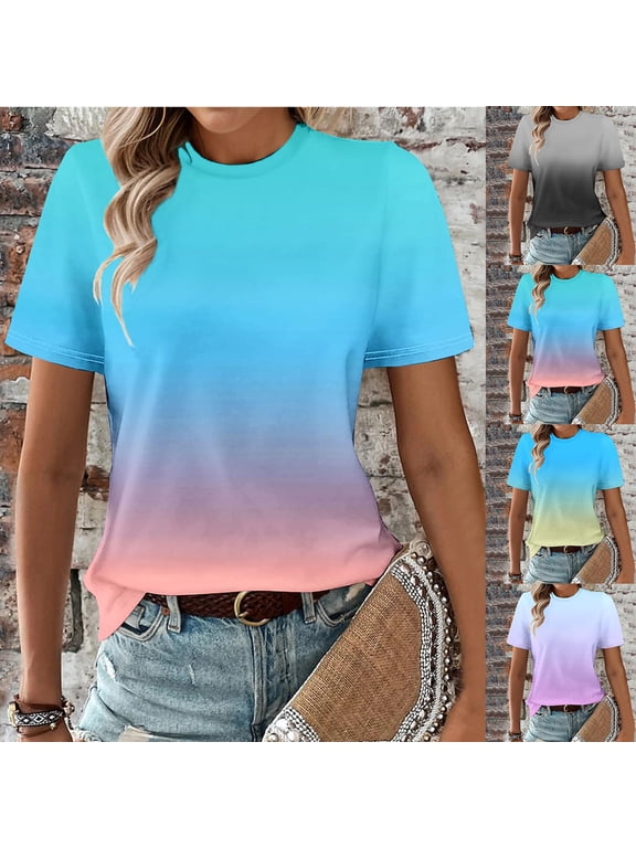 Summer Tops for Women Short Sleeve Crew Neck Gradient Basic Tees Casual Loose Summer Trendy Vacation Clothes 2026 Gray,S