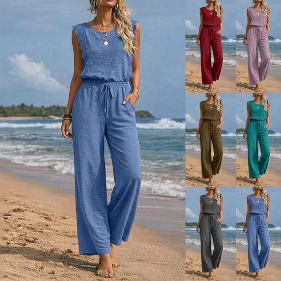 Lcziwo Summer Wide Leg Jumpsuits for Women Cap Sleeve Lace Crew Neck Solid Overalls Drawstring High Waisted Casual Pant Rompers with Pockets Blue,XXL