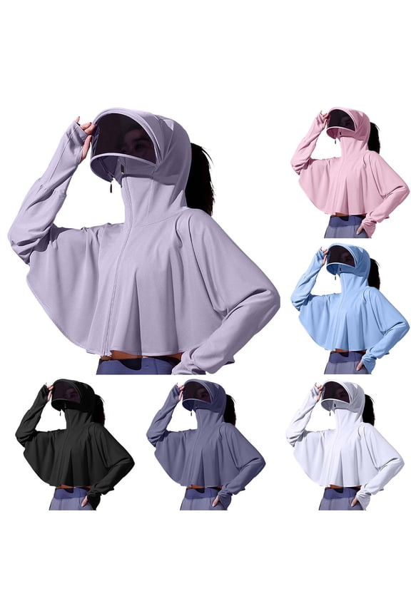 Sun Hoodie Jacket for Women Zip Up Ice Silk Sunscreen Hoodies with Mask and Brim Quick Dry Lightweight Soft Shawl 2026 White,Free Size