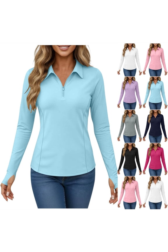 Sun Protection Shirts for Women Quarter Zip UPF 50+ Collared Pullover Long Sleeve Workout Hiking Tops with Thumb Hole Black,S