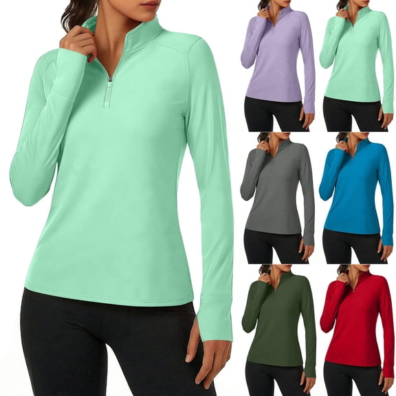 Lcziwo Sun Protection Shirts for Women Quarter Zip UPF 50+ Quick Dry Rash Guard Long Sleeve Workout Hiking Golf Tops Army Green,M