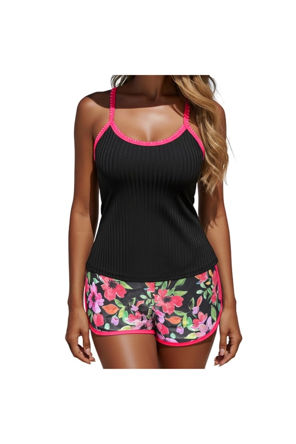 Swimsuit for Women Tummy Control Ruched Push Up Tankini Set Two Piece Modest Shorts Swimwear Hot Pink,XL