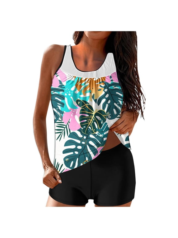 Swimsuits for Women 2025 Tankini High Waist Two Piece Bathing Suit Floral Print Hawaiian Style Swimwear Sets Summer Beach Surfing Tankini Multicolor,S
