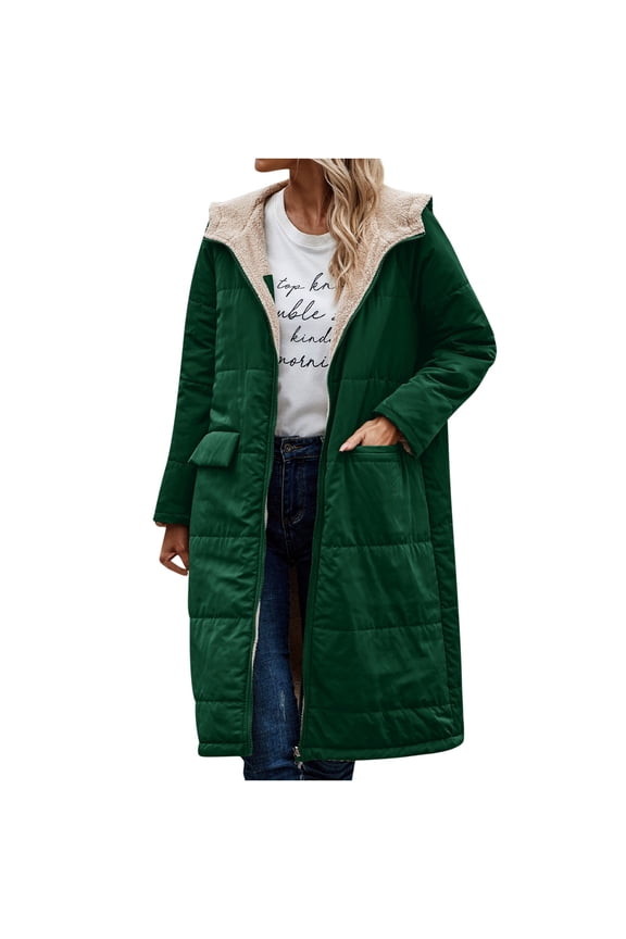 Thermal Hoodies for Women Fleece Lined Reversible Warm Jackets Long Sleeve Plain Zipper Long Outerwear Casual Loose Soft Winter 2025 Coats Green,XXL