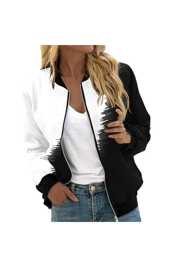 Travel Bomber Jacket Women Long Sleeve Crew Neck Jackets Zip Up Patchwork Comfy Windbreaker with Pockets Casual Trendy 2025 Outerwear White,XXL