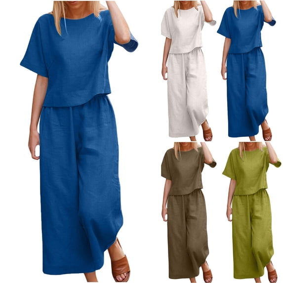 Lcziwo Two Piece Coord Sets for Women Solid Crew Neck Short Sleeve Crop Tops High Waist Wide Leg Pants Loose Lounge Sets Khaki,M