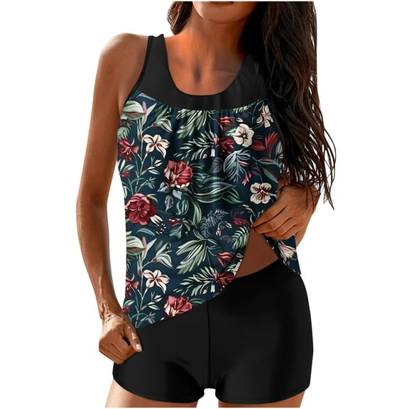 Lcziwo Two Piece Swimsuit for Women Modest Vacation Beach High Waist Swimwear Floral Print Tank Top with Boyshorts Tankini Bathing Suits 2025 Multicolor,L