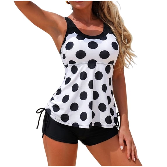 Lcziwo Two Piece Womens Tankini Swimwear Modest Tummy Control Flowy Printed Bathing Suit with Boyshorts White,XL