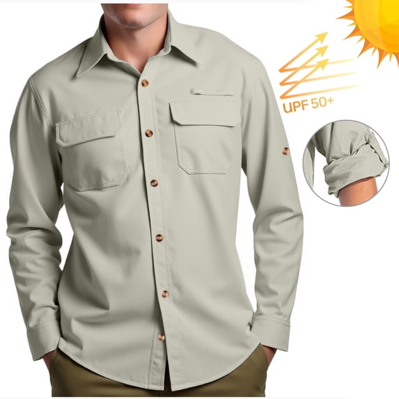 Lcziwo UPF 50 Long Sleeve Shirts for Men Button Down Lapel Sun Protection Shirts Quick Dry Outdoor Fishing Hiking Tops Beige,S