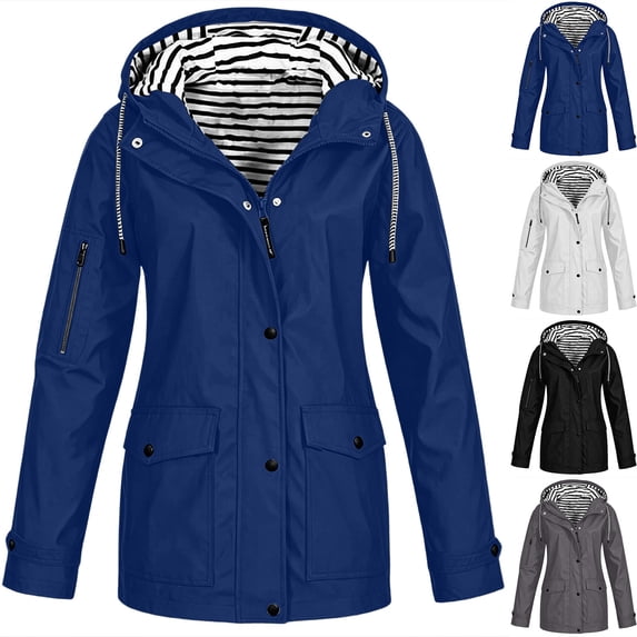 Lcziwo Waterproof Coat for Women Striped Zip Up Long Sleeve Thin Jackets Drawstring Outdoor Hiking Summer Hoodie Raincoats Navy,S