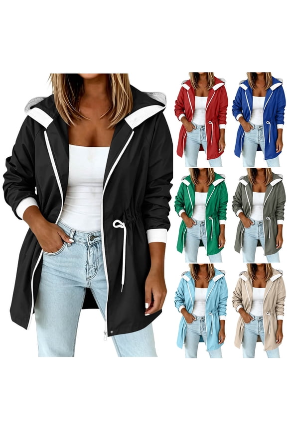 Waterproof Rain Coats for Women Full Zip Cinch Drawstring Waist Windbreaker Color Block Fall Winter Hoodie Jackets with Pockets Black,S