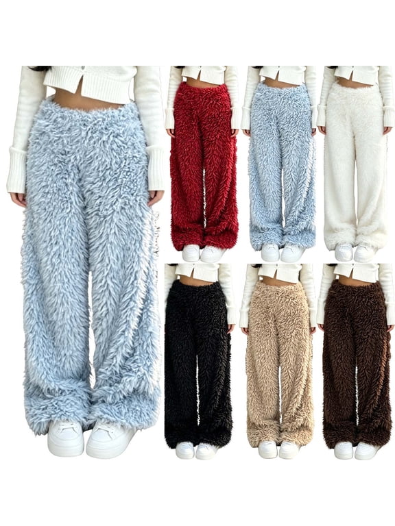 Wide Leg Fleece Pants for Women Elastic Waist Faux Fur Plush Lounge Pants Furry Loose Winter Party Trousers Brown,XXL