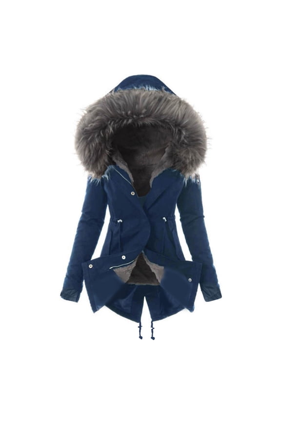 Winter Coats for Women 2025 Fleece Lined Padded Coats Zip Up Thicken Parkas Outfits Casual Trendy Comfy Outerwear with Faux Fur Hood Blue,XXL