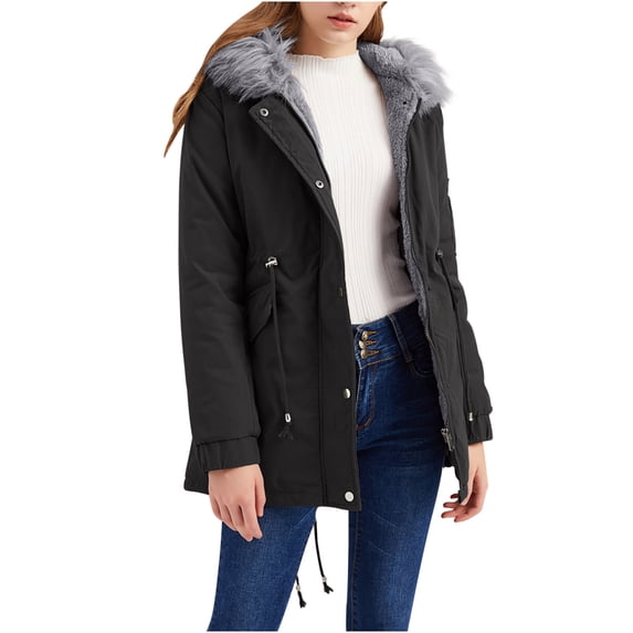Lcziwo Winter Fleece Lined Jackets for Women Padded Sherpa Coats Zip Up Thicken Parka Outfits Casual Trendy 2025 Coats with Faux Fur Hood Black,XXL