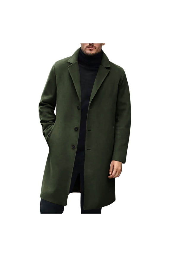 Winter Trench Coat Men Notched Collar Single Breasted Top Coat Mid-Length Wool Blend Overcoat Casual Business Classic Jackets for Men Army Green,XXL