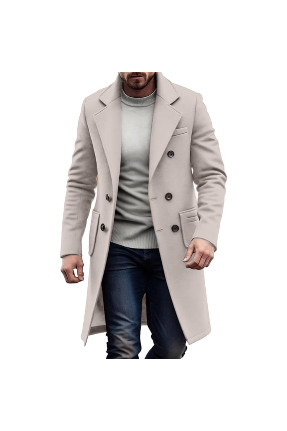 Winter Trench Coat for Men Double-Breasted Notch Lapel Pea Coat Wool Blend Medium Length Overcoat Classic Business Casual Top Coat Beige,M