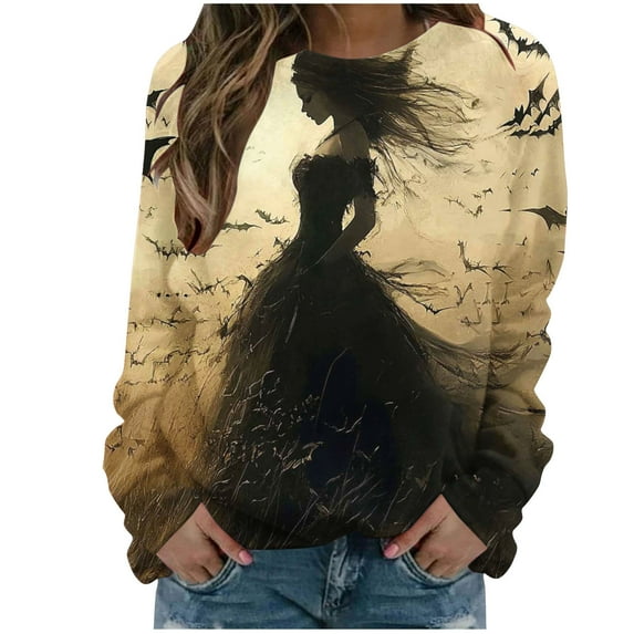 Lcziwo Witch Sweaters for Women Happy Halloween 2025 Fall Fashion Outfits Long Sleeve Round Neck Loose Tops Witch Print Horror Movie Pullover Coffee,XL