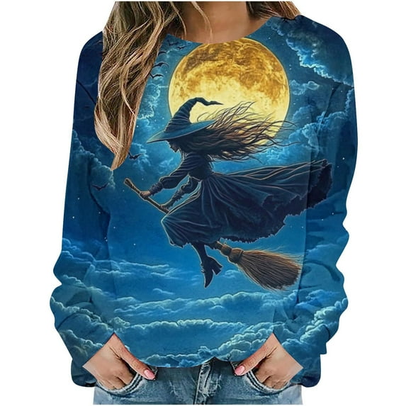 Lcziwo Witch Sweaters for Women Happy Halloween 2025 Fall Fashion Outfits Long Sleeve Round Neck Loose Tops Witch Print Horror Movie Pullover Multicolor,L