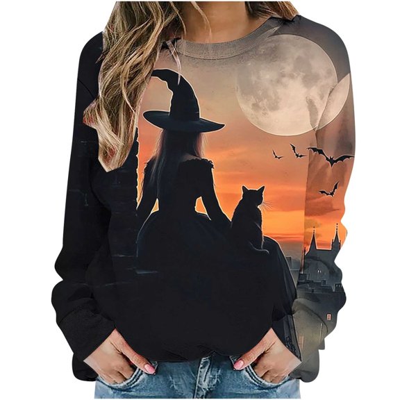 Lcziwo Witchy Sweaters Women 2025 Fall Casual Long Sleeve Tops Crew Neck Halloween Graphic Print Shirts Horror Movie Oversized Basic Pullover Multicolor,XXL