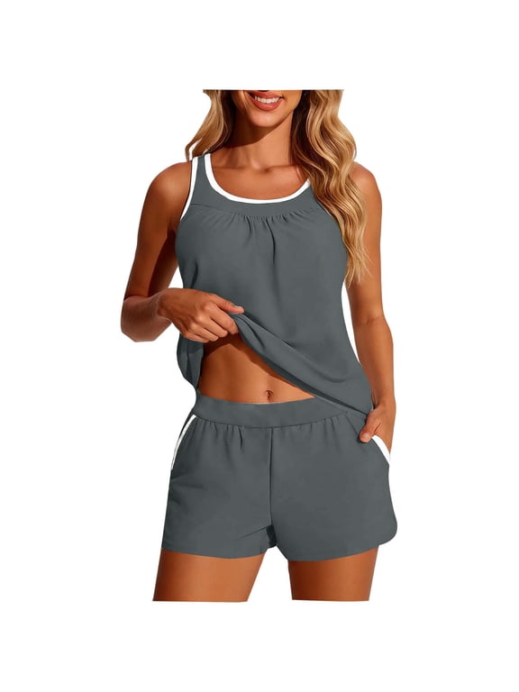 Women 2 Piece Tankini Swimsuit Tummy Control Modest Ruched Tankini Set Casual Summer Beach Vacation Bathing Suits with Boyshorts Gray,S