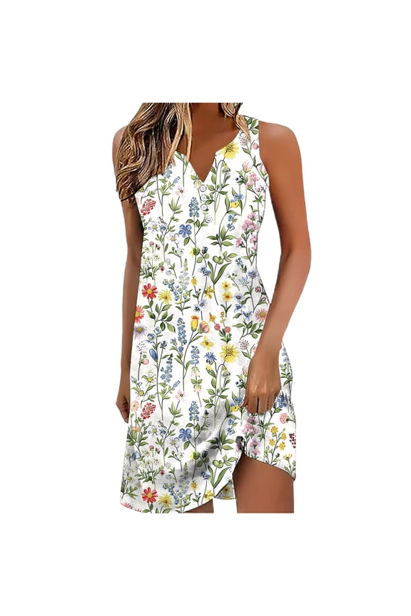 Women Boho Sleeveless Dresses Floral Print A Line Flowy Sundresses Button Up V Neck Summer Vacation Midi Dress Multicolor,L