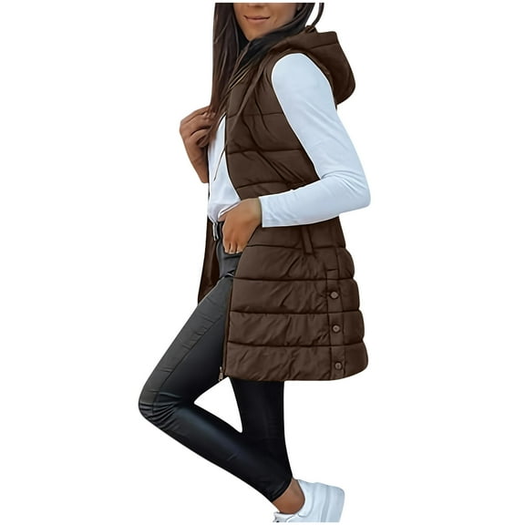 Lcziwo Women Casual Winter Vest Full Zip Puffer Sleeveless Coat Quilted Stand Collar Long Jackets Plain Travel Cozy Outfits with Hood 2025 Brown,XL