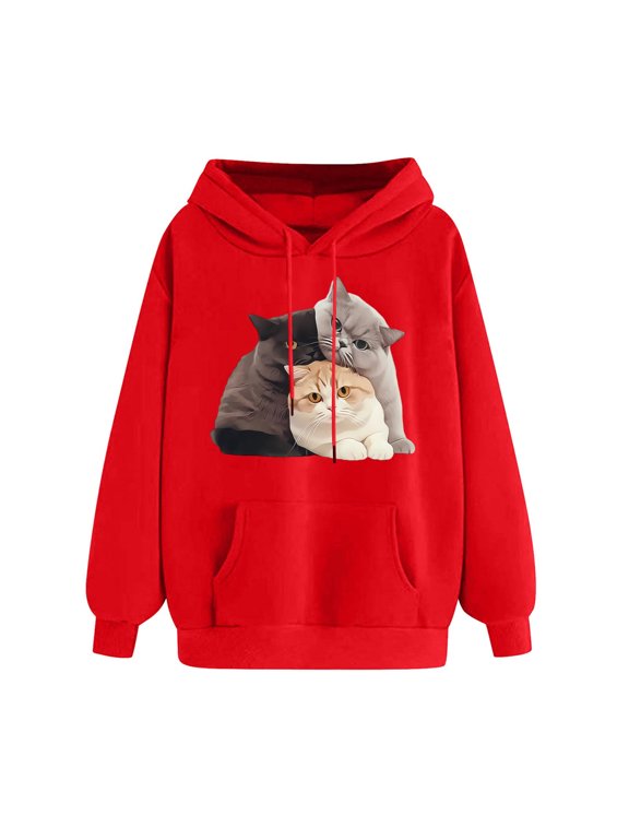 Women Cat Sweatshirt Cute Cats Print Casual Winter Loose Tops Long Sleeve Drawstring Comfy Hoodies with Pockets Red,L
