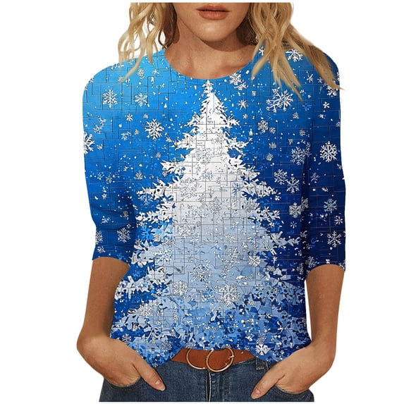 Lcziwo Women Christmas Tees 3/4 Sleeve Crew Neck Shirts Christmas Tree Print Loose Blouses Casual Trendy Fall Spring 2025 Tunic Tees Blue,S