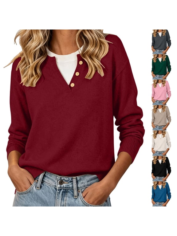 Women Cotton Henley Sweaters Knit 2-in-1 Faux Layered Pullover Top Color Block Cozy Warm Loose Sweaters Blue,3XL