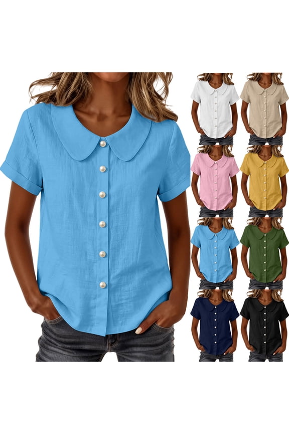 Women Cotton Linen Dress Shirts Button Down Peter Pan Collar Tunic Tops Solid Casual Loose Fit Summer Blouses White,L