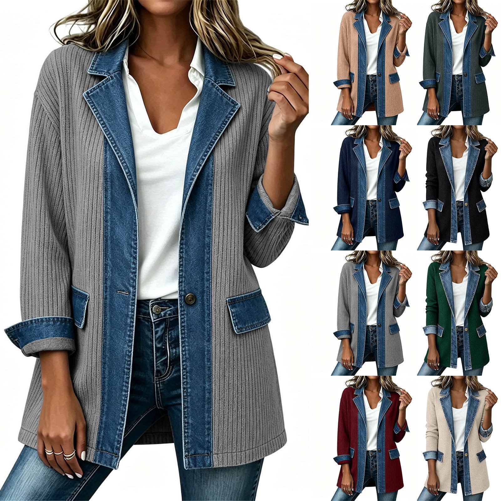 Lcziwo Women Denim Patchwork Blazer Notch Collar Ribbed Knit Contrast ...