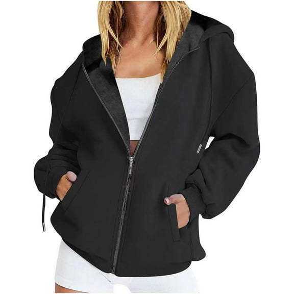 Lcziwo Women Fleece Lined Jacket Zip Up Fall Winter Sweatshirts Long Sleeve Solid Color Coats Hoodies Casual Open Front 2025 Jackets with Pockets Black,M