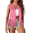 thumbnail image 1 of Lcziwo Women Fringe Vest Western Faux Suede 70s Ethnic Outfits Hippie Cowgirl Ethnic Tassel Tops Hollow Out 70s Cardigan Pink,S, 1 of 8