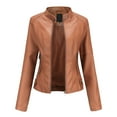 thumbnail image 1 of Lcziwo Women Jacket Leather Long Sleeve Solid Color Jackets Standing Collar Zip Up Casual Coats Open Front Biker Moto Cardigan Outerwear 2025 Brown,XXL, 1 of 4
