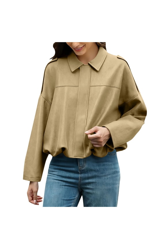 Women Oversized Bomber Jacket Faux Suede Pilot Casual Crop Coats Fall Lapel Zip Up Motorcycle Streetwear Outerwear Khaki,XL