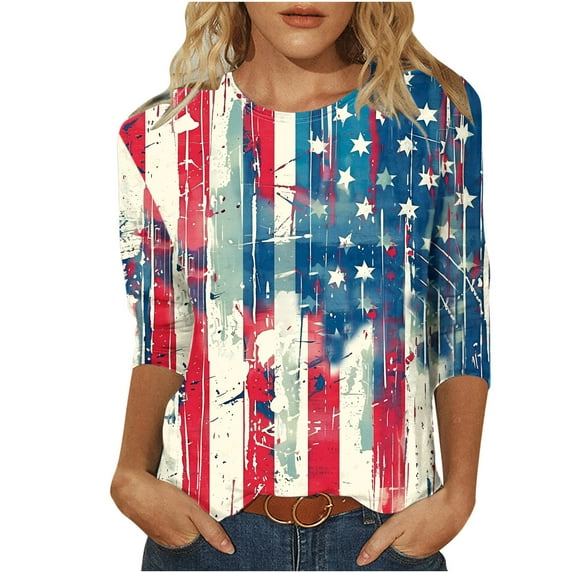 Lcziwo Women Red White and Blue Shirt 4th of July Patrioticprint Blouses 3/4 Sleeve Round Neck Comfy Shirts Casual Dressy Summer 2025 Tees Gray,M