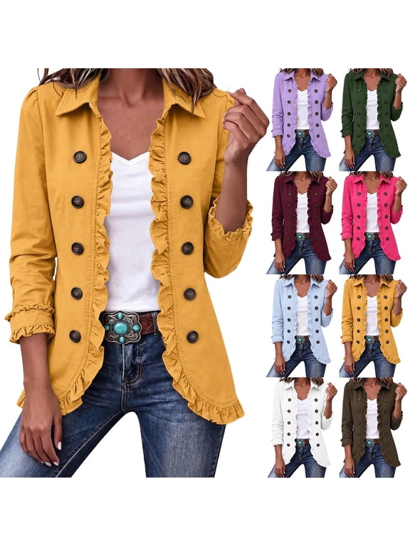 Women Ruffle Open Front Jacket Peplum Lapel Collar Casual Cardigan Double Breast Lining Office Coats White,L