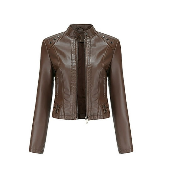 Lcziwo Women Short Leather Jacket Long Sleeve Solid Color Jackets Standing Collar Zip Up Casual Coats Open Front Biker Moto Cardigan Outerwear 2025 Coffee,XL