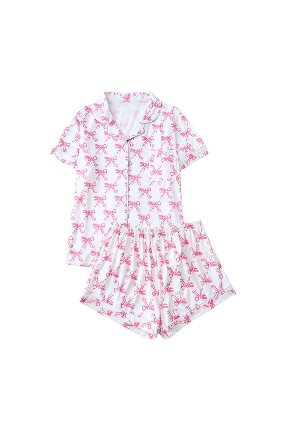 Women Short Sleeve Pajama Set Bow Print Button Front Loungewear Soft Casual Shorts Sleepwear Set White,L