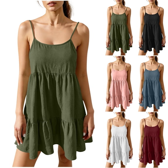 Lcziwo Women Summer Loose Cotton Dress Babydoll Spaghetti Strap Backless Dress Pleated Casual Short Sundress Pink,M