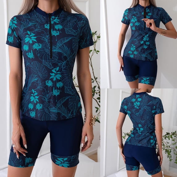 Lcziwo Women Surfing Two Piece Rash Guard Short Sleeve Zipper Swimwear Printed Swim Shirt with Shorts Bathing Suit Navy,M