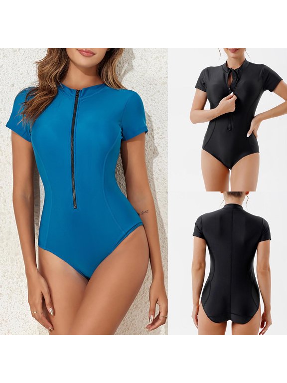 Women Two Piece Rash Guard Short Sleeve Zipper Surfing Swimwear Plain Swim Shirt with Shorts Bathing Suit Blue,M