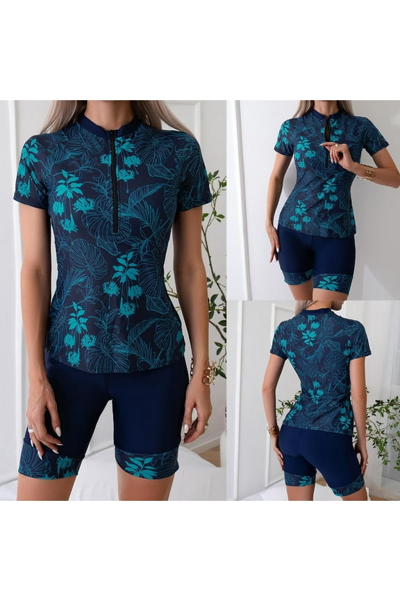 Women Two Piece Rash Guard Short Sleeve Zipper Surfing Swimwear Printed Swim Shirt with Shorts Bathing Suit Navy,S