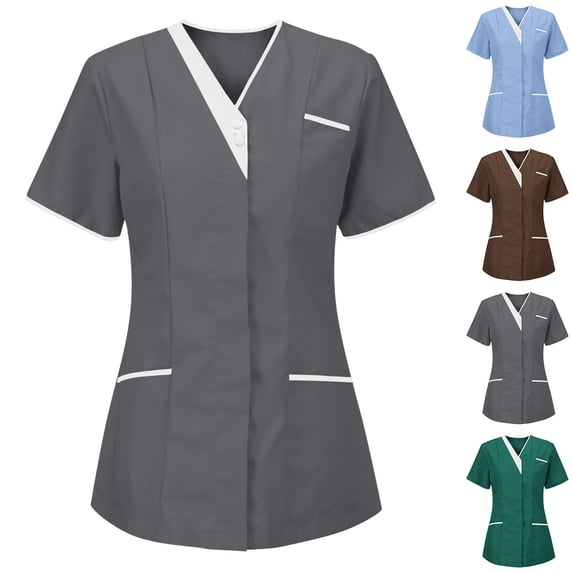 Lcziwo Women V Neck Scrub Top Patchwork Short Sleeve Shirts Nurse Working Casual Blouse with Pockets 2026 Brown,M