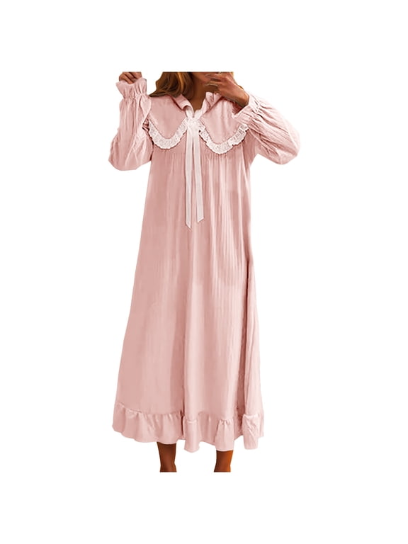 Women Vintage Y2K Nightgown Long Sleeve Victorian Loungewear Doll Collar Ruffle Lace Long Nightdress Pink,XL