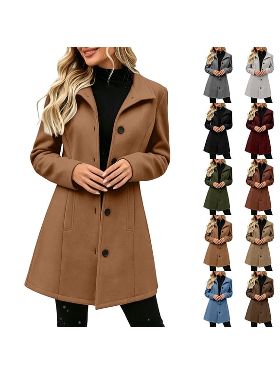 Women Winter Pea Coat Lapel Single Breasted Slim Fit Trench Coats Wool Business Casual Warm Outerwear with Pockets Army Green,L