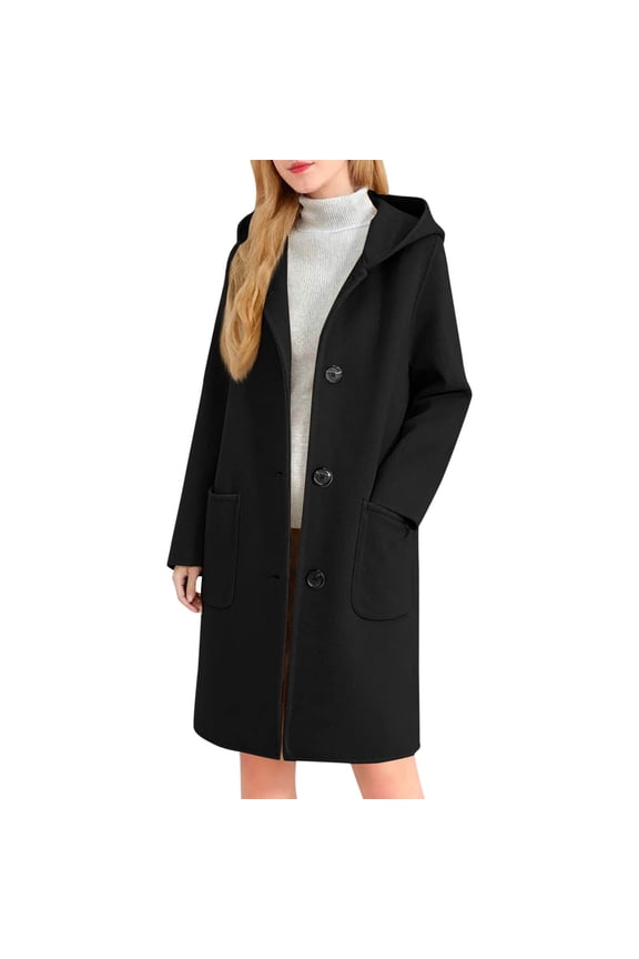 Women Winter Pea Coat Thicken Wool Fall Warm Outerwear Long Sleeve Single Breasted Pockets Trench Coat Casual Knee Length Hoodie Jacket 2025 Black,L