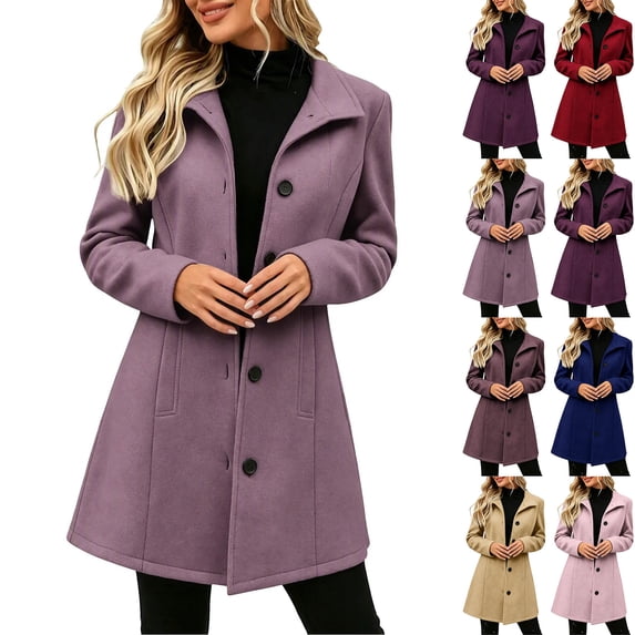 Lcziwo Women Wool Pea Coat Lapel Single Breasted Slim Fit Trench Coats Winter Casual Warm Mid-Length Outerwear with Pockets Pink,M